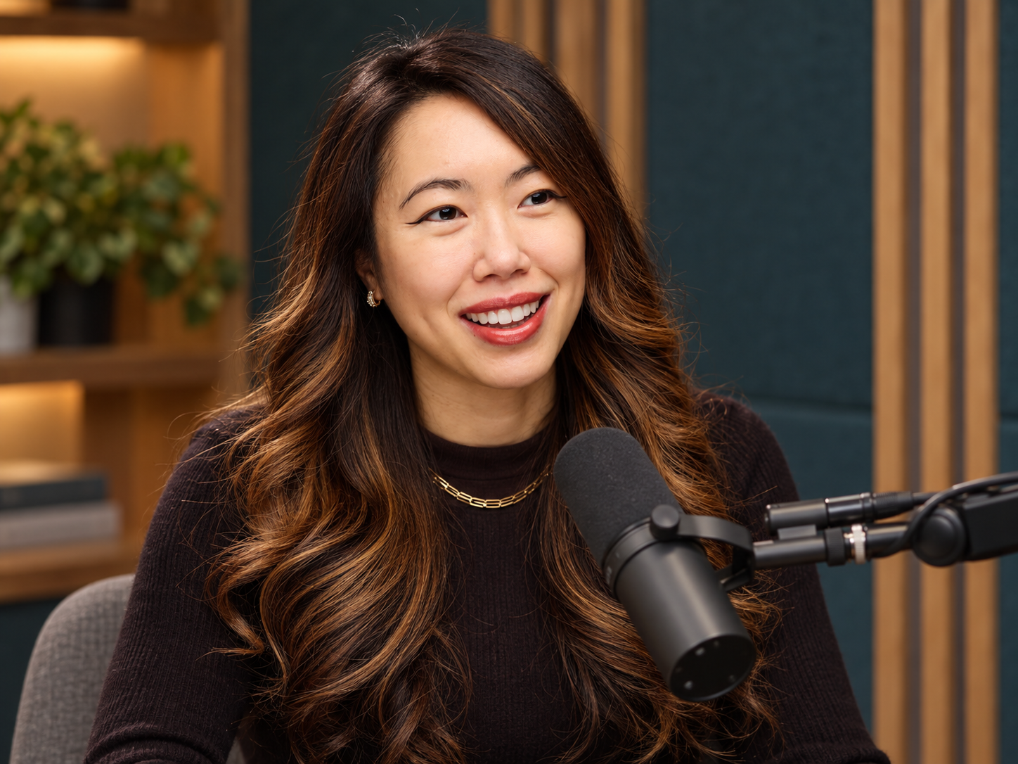 Hillary Lin smiling at a podcast microphone, an approved AI-generated editorial portrait